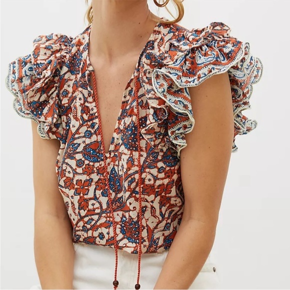 NWT Love The Label Anthropologie Ruffle Floral Print V-Neck Top Mabel Rust - Picture 5 of 12